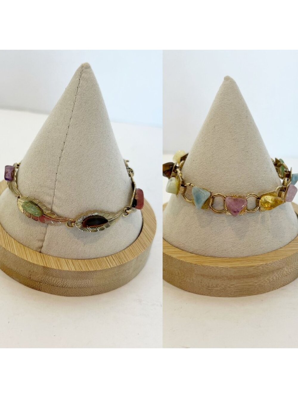 Set of 2 Vintage Natural Various Polished Colorful Stone Link Bracelets